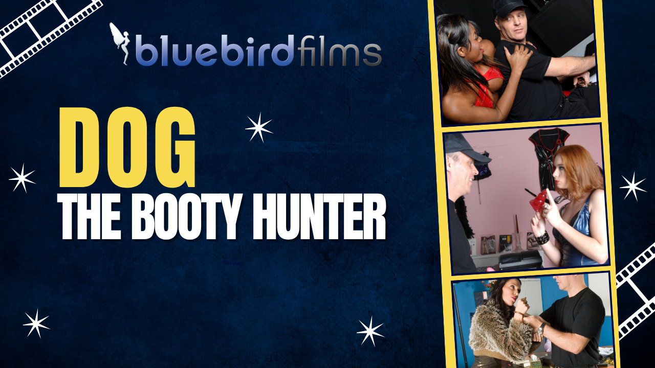 Bluebird Films poster with the title 'DOG THE BOOTY HUNTER' in bold yellow and white text on a dark blue background, plus a vertical filmstrip of three scenes on the right.
